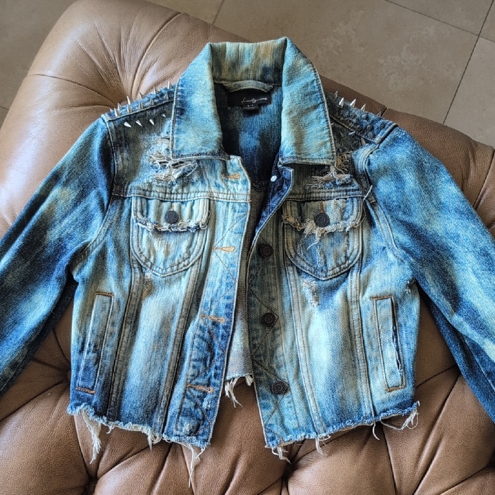 Forever 21 Distressed Blue Jean Jacket with Studded Shoulders